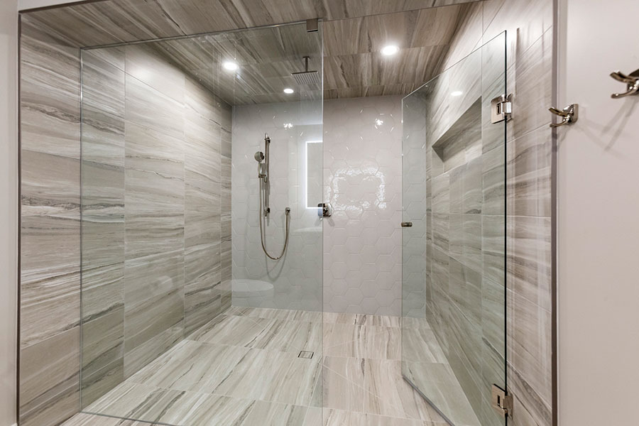 Glass-enclosed walk-in shower